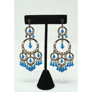 Vintage Estate Antiqued Brass & Sapphire Crystal Three Tier Chandelier Earrings